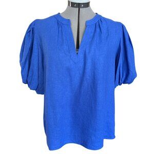 CeCe Womens L Blue Puff Sleeve Linen Blend Blouse Classy Breathable Office